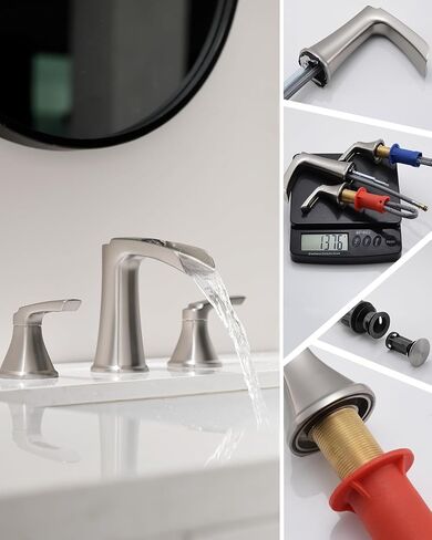 Fapully Brushed Nickel Bathroom Faucet 3 Hole, Waterfall 8 Inch Widespread Bathroom Sink Faucet with Pop-up Drain, Two-Handle Faucet for Bathroom Sink in Saudi Arabia