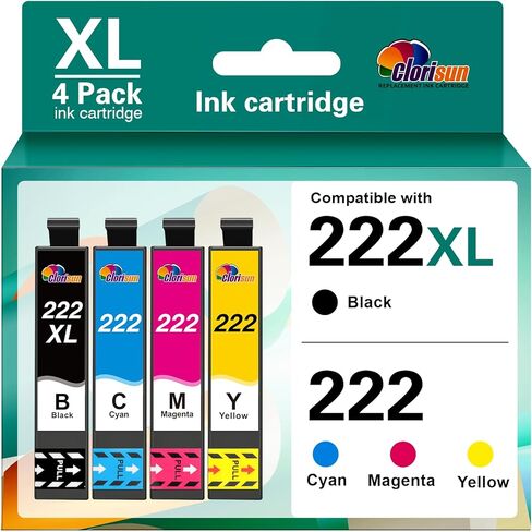 خراطيش حبر Clorisun 222 222XL لخراطيش حبر Epson 222 لخراطيش حبر Epson 222XL مجموعة كومبو تعمل مع Epson Workforce WF-2960 Expression Home XP-5200 (أسود، سماوي، أرجواني، أصفر، 4 عبوات) in Kuwait