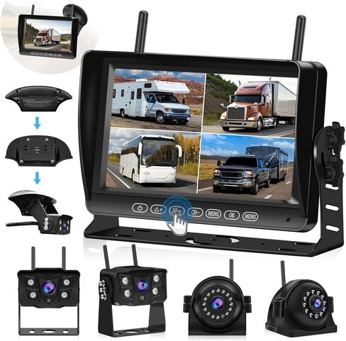 نظام كاميرا RV لاسلكي 4 قنوات، كاميرا رؤية أمامية/خلفية/جانبية بدقة 1080 بكسل، كاميرا احتياطية مع شاشة 7 بوصة، تسجيل، محول لـ Furrion سلكي مسبقًا، كاميرا احتياطية لاسلكية للمركبات الترفيهية والشاحنات والمقطورة in Kuwait