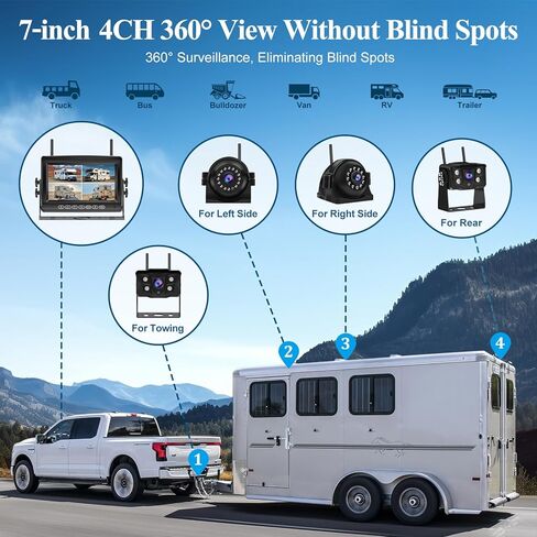 نظام كاميرا RV لاسلكي 4 قنوات، كاميرا رؤية أمامية/خلفية/جانبية بدقة 1080 بكسل، كاميرا احتياطية مع شاشة 7 بوصة، تسجيل، محول لـ Furrion سلكي مسبقًا، كاميرا احتياطية لاسلكية للمركبات الترفيهية والشاحنات والمقطورة in Kuwait