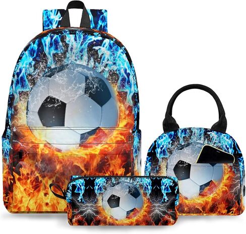 3PCS Backpack for Boys Girls Kids Soccer School Backpack Sets with Lunch Bag Pencil Case, 17 Inch Lightweight Bookpack 3 in 1 Set for Teens Elementary Middle HighSchool Students (Fire Soccer) in Saudi Arabia
