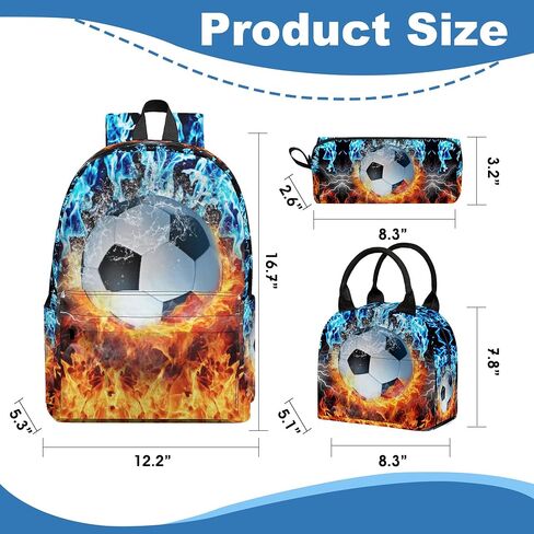 3PCS Backpack for Boys Girls Kids Soccer School Backpack Sets with Lunch Bag Pencil Case, 17 Inch Lightweight Bookpack 3 in 1 Set for Teens Elementary Middle HighSchool Students (Fire Soccer) in Saudi Arabia