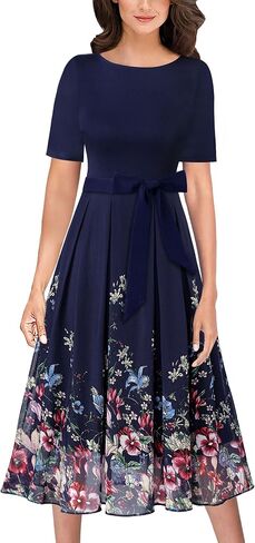 VFSHOW Womens Elegant Patchwork Pockets Pleated Work Office Business Casual Party Belted A-Line Midi Dress in Kuwait