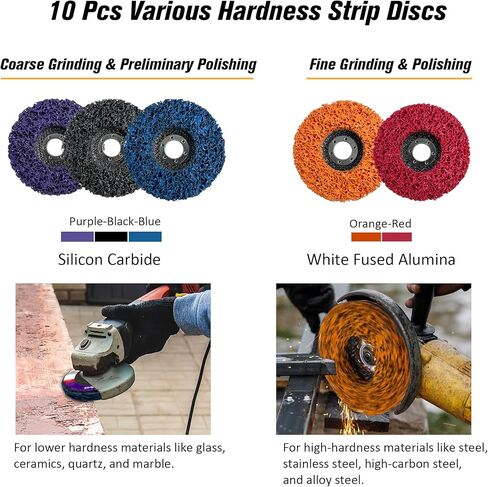 10 عبوات من أقراص الشريط مقاس 4-1/2 بوصة × 7/8 بوصة مجموعة أقراص تجريد الطلاء ذات الصلابة المختلفة لمطحنة الزوايا، عجلة تقشير الطلاء Konvixon لإزالة لحام طلاء الصدأ والأكسدة (أسود وأزرق وأرجواني وأحمر وبرتقالي) in Kuwait