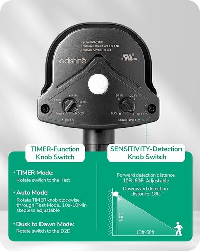 EDISHINE New Replacement Motion Sensor, Automatic Dusk to Dawn Motion Sensor, 240° & 360° Sensing Angle, Adjustable Delay Time & 60FT Detection Range, Outdoor Motion Sensor with 3 Modes, UL Listed in Kuwait