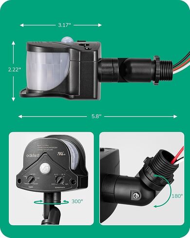 EDISHINE New Replacement Motion Sensor, Automatic Dusk to Dawn Motion Sensor, 240° & 360° Sensing Angle, Adjustable Delay Time & 60FT Detection Range, Outdoor Motion Sensor with 3 Modes, UL Listed in Kuwait