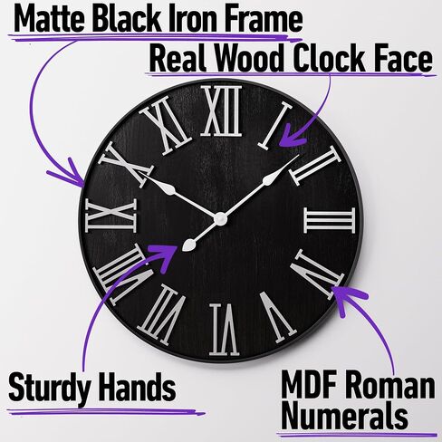 Large Wall Clock 24" Round - Silent Metal & Wood Large Clock - Farmhouse Wall Clock Large - 24 Inch Wall Clock For Living Room Decor - Big Wall Clock Roman Numerals - Wall Clocks For Living Room Decor in Saudi Arabia