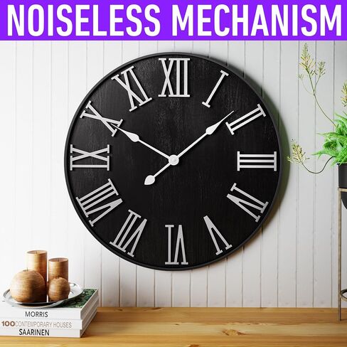 Large Wall Clock 24" Round - Silent Metal & Wood Large Clock - Farmhouse Wall Clock Large - 24 Inch Wall Clock For Living Room Decor - Big Wall Clock Roman Numerals - Wall Clocks For Living Room Decor in Saudi Arabia