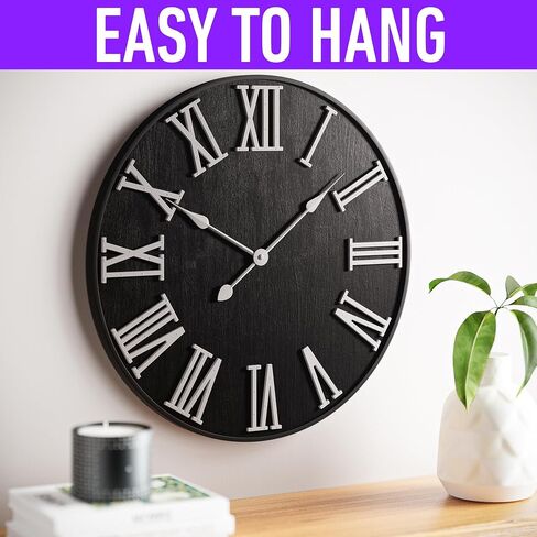 Large Wall Clock 24" Round - Silent Metal & Wood Large Clock - Farmhouse Wall Clock Large - 24 Inch Wall Clock For Living Room Decor - Big Wall Clock Roman Numerals - Wall Clocks For Living Room Decor in Saudi Arabia