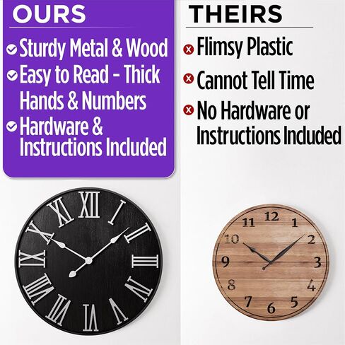 Large Wall Clock 24" Round - Silent Metal & Wood Large Clock - Farmhouse Wall Clock Large - 24 Inch Wall Clock For Living Room Decor - Big Wall Clock Roman Numerals - Wall Clocks For Living Room Decor in Saudi Arabia