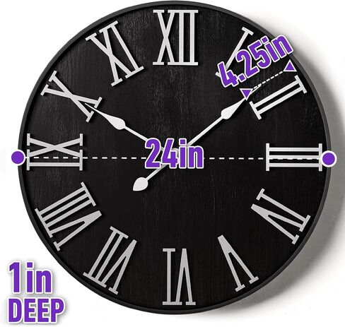 Large Wall Clock 24" Round - Silent Metal & Wood Large Clock - Farmhouse Wall Clock Large - 24 Inch Wall Clock For Living Room Decor - Big Wall Clock Roman Numerals - Wall Clocks For Living Room Decor in Saudi Arabia