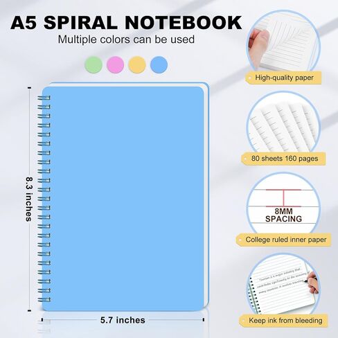دفتر ملاحظات حلزوني مقاس 5.7 بوصة × 8.3 بوصة مع 4 مجلات حلزونية للنساء، 80 ورقة / 160 صفحة لكل مجلة مع سلك مزدوج، غلاف بلاستيكي سميك ومبطن بمسطرة 8 مم in Kuwait