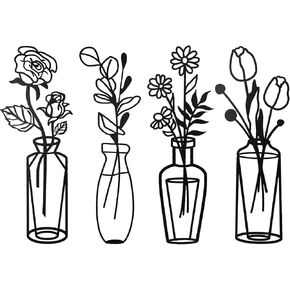 COM4SPORT 4 Piece Metal Flowers Wall Decor Art Flower signs Black Metal Flowers Wall Decor Vase Minimalist Sculptures Hanging for Indoor Kitchen Bathroom Dining Room Patio Living Room Wall Decor