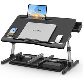 Laptop Desk for Bed-17-inch,Adjustable Laptop Desk with Foldable Legs Storage Drawer Tablet Slot Removable Stopper, Portable Lap Desk for Writing Working Reading Eating (Black, 23.6"×14")