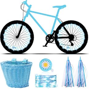 Kid's Bicycle Basket Streamers Set Children's Bike Handlebar Wicker Basket with 2 LED Bike Wheel Lights Colorful Bike Streamers Daisy Bike Bell Bike Decoration Accessories Kit for Kids Bike (Rose Red)