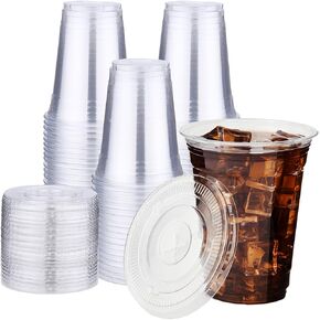 YEEHAW 16 oz. - 100 Pack Clear Plastic Cups With Lids, Disposable Iced Coffee Cups with Flat Lids, Crystal Smoothie Cup for Party, Lemonade Stand, Cold Drinks, Juice, Milkshake