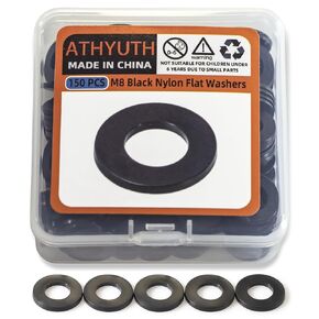 M8 Black Nylon Washers, 8mm ID，16mm OD, 1.5mm Thickness, Plastic Flat Round Washers, 150 Pieces Nylon Washers Hardware Set