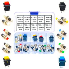 PBS-110 & DS-430 Switch Assorted Kit,Mini Momentary Push Button Switch 1A 250V AC SPST Latching Switch 2Pin ON/Off Red/Black/Yello/White/Blue/Green Normal Open Mini Switch(PBS & DS-Switch)