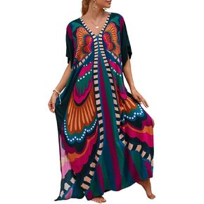 Bsubseach Kaftan Dresses for Women Butterfly Print Plus Size Batwing Sleeve Caftans Long Bathing Suit Cover Up