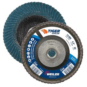 Weiler 51305 4-1/2" Tiger Angled Flap Disc, Cloth Backing, Zirconia Alumina 80Z Grit, 4-1/2" Diameter (Pack of 10)