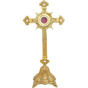 Needzo Brass Cross Reliquary, Religious Decor for Relics and Keepsakes, Home and Church Decoration, 16 by 8.5 Inches
