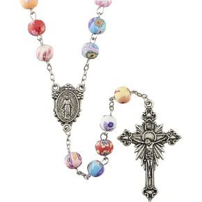 Girls Colorful Flower Bead Rosary with Ornate Miraculous Medal Centerpiece and Crucifix