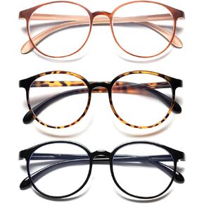 3Pcs Fashion Round Reading Glasses Women/Men, Super Light Blue Light Blocking Readers, Retro Anti Glare/UV Eyewear