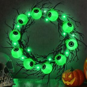 Dingion 18'' Halloween Wreath Decoration with Eyeballs Green LED Black Dead Branch Wreath Light up Battery Operated Glowing Wreath Garland Party Decor for Front Door Wall Indoor Outdoor