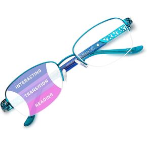 Progressive Multifocal Reading Glasses Women No Line Bifocal Transition Readers Metal Half Frame Mid-Near Range 3ft