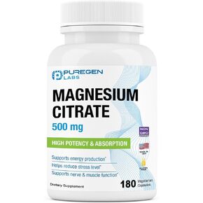 Magnesium Citrate 500 mg | High Potency Elemental Magnesium | Total 180 Veggie Caps, Superior Absorption, Non-GMO, NO Gluten and Dairy, Supports Muscle, Joint, and Heart Health