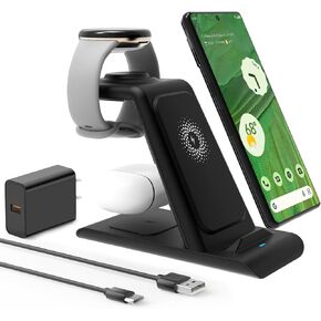 HATALKIN Wireless Charger for Google Pixel Watch 1 Only,3 in 1 Wireless Charging Stand Station with Adapter for Pixel 8/7/6 (pro)/7a/5/4,Pixel Buds Pro,(Not for Pixel Watch 2)