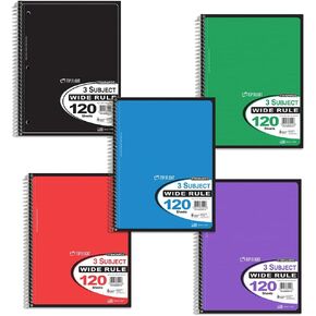 Top Flight Standards Wirebound Notebook, 24-3-Subject Notebook, 120 sheets per notebook, Perforated, Wide Rule, 10.5 X 8 inches, 5 Assorted Colors (4511880)