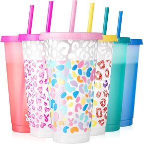 Meoky Plastic Cups with Lids and Straws - 6 Pack 24 oz Color Changing Cups, Iced Coffee Cups, Reusable Tumblers Bulk for Party, Car, Adults, Women, BPA-free (Solid & Patterned)