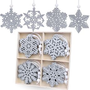 16 Pieces White Snowflakes Ornaments 3inch Wooden Snowflake Christmas Ornament for Winter Home Tree Garland Christmas Decoration Holiady Crafts 8 Styles