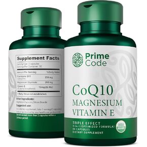 Prime Code [ 3 𝐢𝐧 𝟏] CoQ10 250mg with Magnesium Glycinate and Vitamin E | CoQ10 Capsules 250mg | Magnesium Glycinate 200mg | Vitamin E 15mg | Organic | Non-GMO | Gluten & Soy Free | Vegan