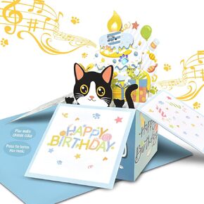3D Pop Up Funny Birthday Cards, 3D Black Cat Birthday Card for women, Cat Mom or Dad Greeting Cards for Every Cat Lover, Press the power button to play: plays hit song 'Happy Birthday'