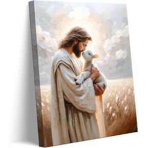 Jesus Holding sheep Canvas Wall Art Jesus Christ The Good Shepherd Wall Decor Picture Jesus and Lamb Poster Print for Home Living Room Bedroom Home Decoration Framed