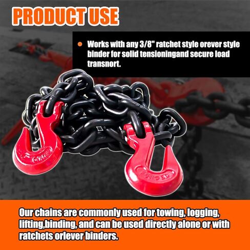 G80 Transport Binder Chain 1/4 Inch x 14 Foot | 3,300 lbs Safe Working Load | Tow Chain with Clevis Grab Hooks | Heavy Duty Chain for Transporting,Towing, Tie-Down, and Lifting in Saudi Arabia