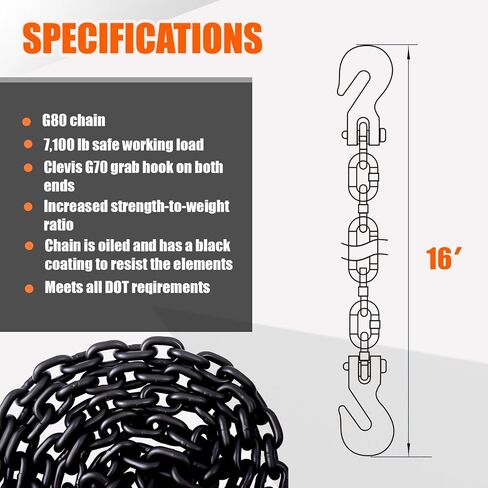 G80 Transport Binder Chain 1/4 Inch x 14 Foot | 3,300 lbs Safe Working Load | Tow Chain with Clevis Grab Hooks | Heavy Duty Chain for Transporting,Towing, Tie-Down, and Lifting in Saudi Arabia