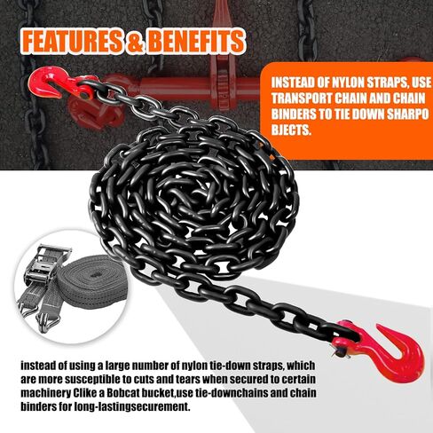 G80 Transport Binder Chain 1/4 Inch x 14 Foot | 3,300 lbs Safe Working Load | Tow Chain with Clevis Grab Hooks | Heavy Duty Chain for Transporting,Towing, Tie-Down, and Lifting in Saudi Arabia