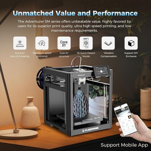 طابعة FLASHFORGE Adventurer 5M ثلاثية الأبعاد مع سرعة فائقة 600 مم/ثانية، تسارع 20000 مم/ثانية مربعة، تسوية تلقائية بالكامل، طارد مباشر 280 درجة مئوية مع فوهة 3S قابلة للفصل، هيكل XY الأساسي، حجم طباعة 220 × 220 × 220 مم in Saudi Arabia