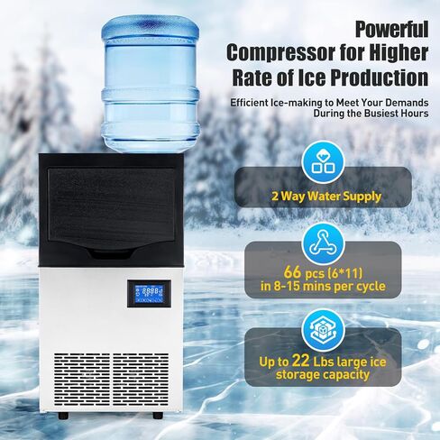 Commercial Ice Maker Machine, 121Lbs/24H, 66Pcs Clear Ice Cubes Ready in 8-15Mins, Stainless Steel Freestanding ice Machine with 22Lbs Ice Capacity for Home Bar, 15.15"D x 15.74"W x 28.35"H in Saudi Arabia