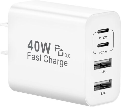 40W 4-Port USB C Charger Block Wall Charger Fast Charging Dual Port PD Power Converter + QC Double Wall Plug Multiport Type C Brick Charger for iPhone 15 14 13 12 11 Pro Max XS XR X، Samsung in Kuwait