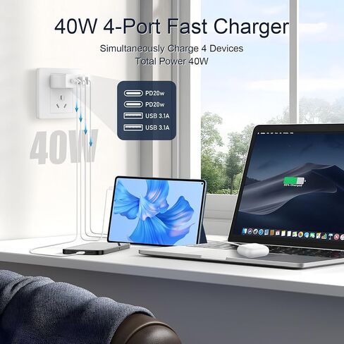 40W 4-Port USB C Charger Block Wall Charger Fast Charging Dual Port PD Power Converter + QC Double Wall Plug Multiport Type C Brick Charger for iPhone 15 14 13 12 11 Pro Max XS XR X، Samsung in Kuwait