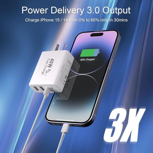 40W 4-Port USB C Charger Block Wall Charger Fast Charging Dual Port PD Power Converter + QC Double Wall Plug Multiport Type C Brick Charger for iPhone 15 14 13 12 11 Pro Max XS XR X، Samsung in Kuwait