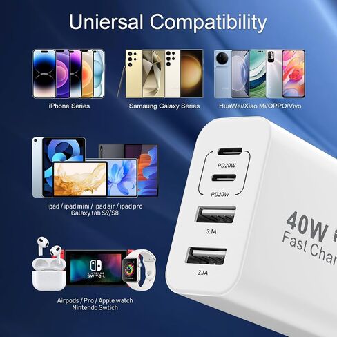 40W 4-Port USB C Charger Block Wall Charger Fast Charging Dual Port PD Power Converter + QC Double Wall Plug Multiport Type C Brick Charger for iPhone 15 14 13 12 11 Pro Max XS XR X، Samsung in Kuwait