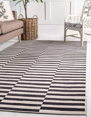 Unique Loom Williamsburg Collection Casual Transitional Thick Alternating Stripes Area Rug, 6 x 9 ft, Black/Beige in Saudi Arabia