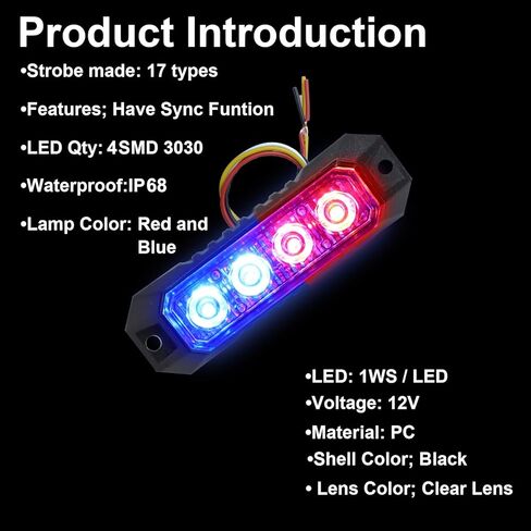 4 قطع أضواء ستروب للشاحنات، أضواء الطوارئ للمركبات الأضواء الوامضة، 4 مصابيح LED ستروب رأس ضوء الشبكة، لمركبات شاحنات الشرطة لرجال الإطفاء (أحمر وأبيض) in Kuwait