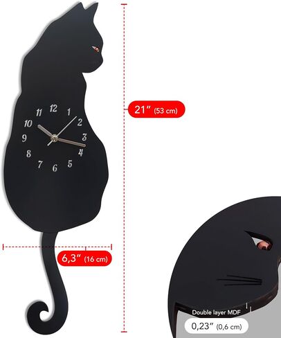 Black Cat Swinging Wall Clock, Cat Clock, Cat Clock with Moving Tail, Funny Wall Clock, Cute Wall Clock, Gift for Cat Lovers, Flat Unnumbered Surface. (Numbered) in Saudi Arabia