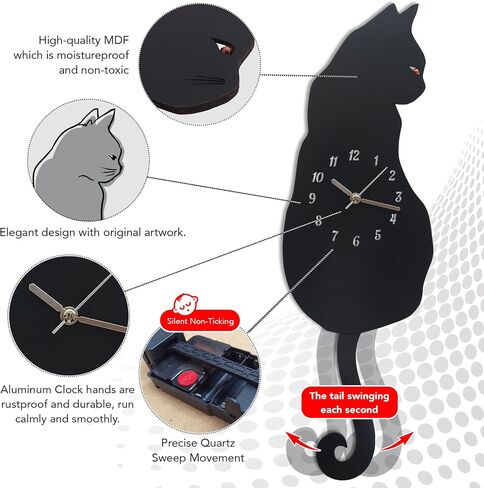 Black Cat Swinging Wall Clock, Cat Clock, Cat Clock with Moving Tail, Funny Wall Clock, Cute Wall Clock, Gift for Cat Lovers, Flat Unnumbered Surface. (Numbered) in Saudi Arabia
